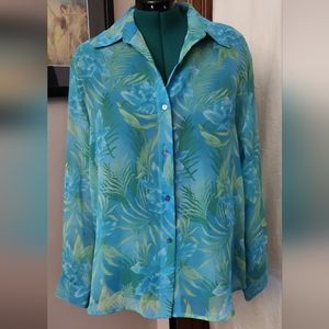 Notations XL Blue Floral Button Down Blouse